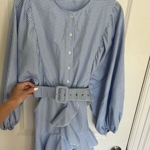 Blue Gingham Dress with Belt
